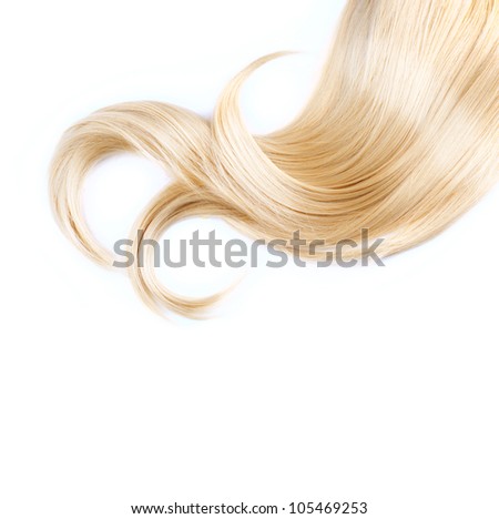Blond Hair lock isolated on white background. Beautiful healthy blonde hair  Haircut, hairstyle. Dyed Wavy white hair coloring, extensions, cure, treatment concept