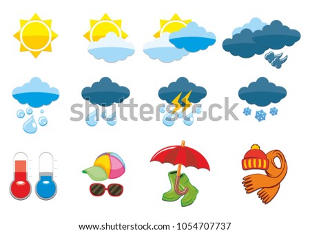 Weather Icon Set. Weather, thermometer, sun, cloud, rain, lightning, snow. Clothing - cap, glasses, rubber boots, umbrella, hat, scarf. Vector