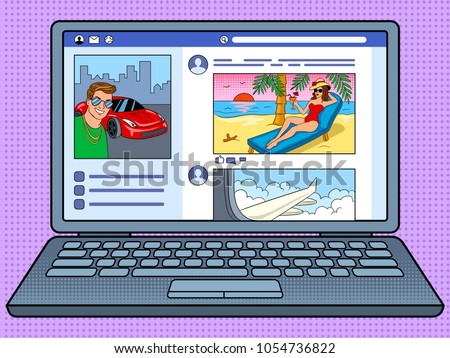 Social network website on laptop screen pop art retro vector illustration. Color background. Comic book style imitation.