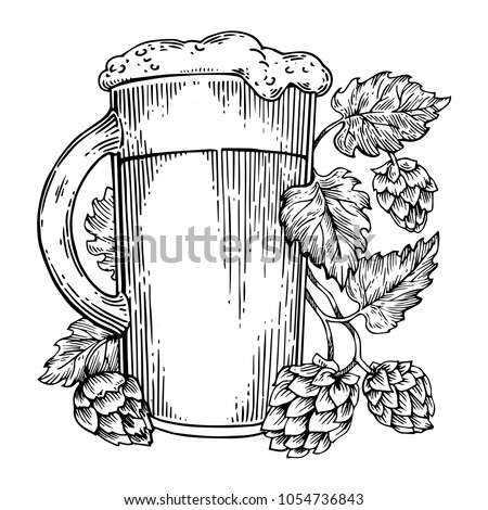 Beer mug and hops plant engraving vector illustration. Scratch board style imitation. Black and white hand drawn image.