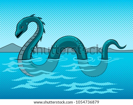 Loch Ness Monster fake underwater animal pop art retro vector illustration. Color background. Comic book style imitation. Royalty-Free Stock Photo #1054736879