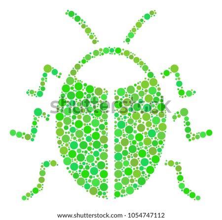 Bug collage of dots in various sizes and ecological green shades. Vector circle elements are united into bug mosaic. Organic vector illustration.