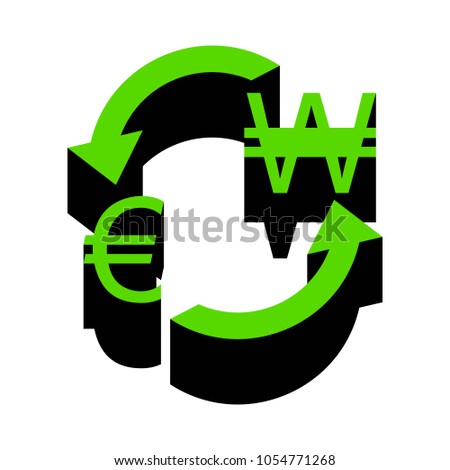 Currency exchange sign. Euro and South Korea Won. Vector. Green 3d icon with black side on white background. Isolated.