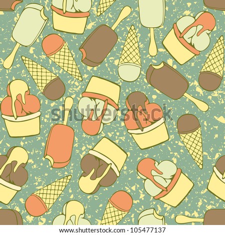 Seamless background pattern with ice cream and grunge effect on different layer, vector