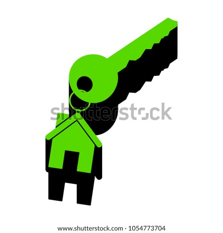 Key with key chain as an house sign. Vector. Green 3d icon with black side on white background. Isolated.