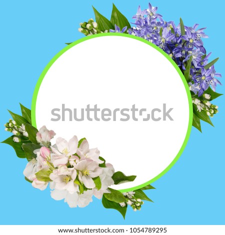 Spring flowers greeting card.Blue snowdrops and apple blossom ,white  space for text,blue background
