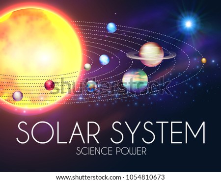 Solar System with Elegant Realistic Planets and Shining Sun. Dyagram Design. Vector illustration