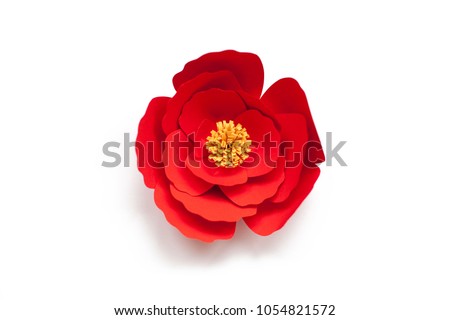 Handmade paper cut flower on isolated white background, design element for wedding invitation. Rose.