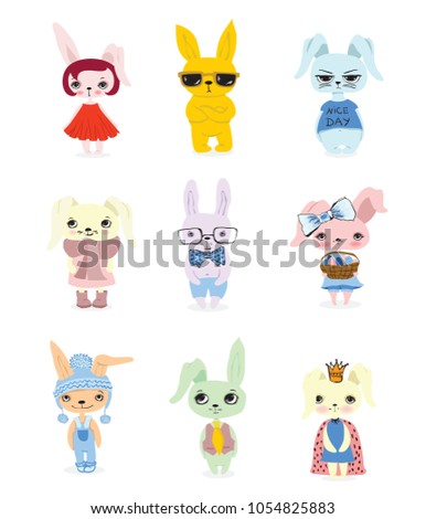 Cute rabbits doodle kid set. Hand drawn design of cute rabbits perfect for easter card, banners, stickers and other kid's things.