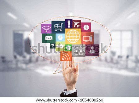 Hand of businesswoman touch colored media user panel on screen