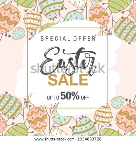 Easter sale background with beautiful flowers. Vector illustration. Frame with colors and words.