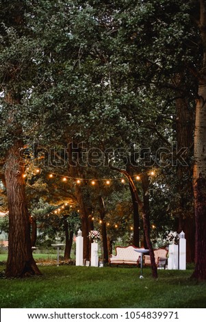 Luxury festive wedding decoration with flowers, vintage sofa and candles in the forest