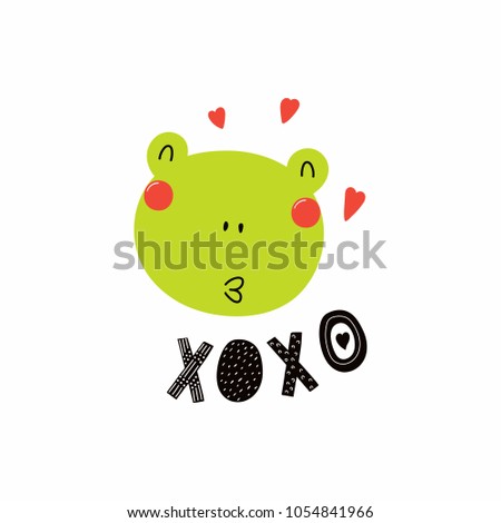 Hand drawn vector illustration of a cute funny frog face, with hearts, lettering quote XOXO. Isolated objects. Scandinavian style flat design. Concept for children print.