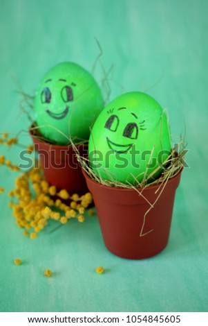 Green Easter eggs with funny drawn faces