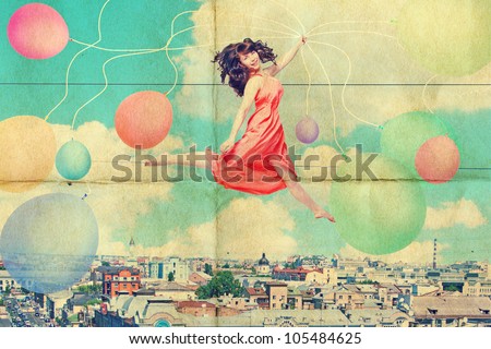 art collage with beautiful young woman in jump, vintage