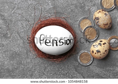 Egg with word PENSION in nest and coins on grey background