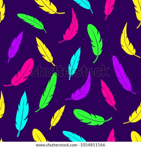 Seamless pattern with colorful feathers on dark purple background. Vector illustration
