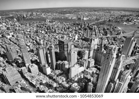 Aerial view of Manhattan from city rooftop.