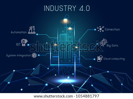 Industry 4.0 with hologram Banner concept with Keywords and icons. Royalty-Free Stock Photo #1054881797