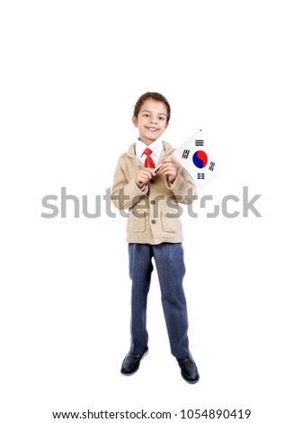 A little boy with Korean flag on the white background