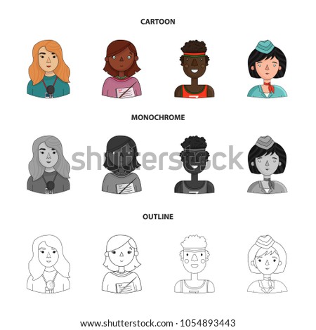 A journalist with a microphone with a badge, a teacher with a pointer in beads, a stewardess in a pilot cap, an athlete with a bandage on her head.People of different professions set collection icons