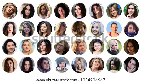Collage group portraits of young caucasian girls for social media network. Set of round female avatar isolated on a white background Royalty-Free Stock Photo #1054906667
