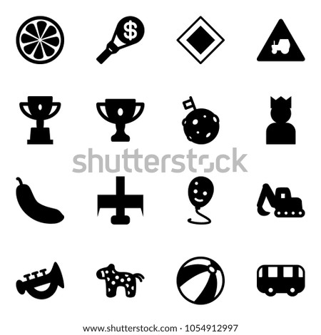 Solid vector icon set - lemon slice vector, money torch, main road sign, tractor way, win cup, gold, moon flag, king, banana, milling cutter, balloon smile, excavator toy, horn, horse, beach ball