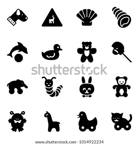 Solid vector icon set - dog vector, wild animals road sign, shell, dolphin, duck toy, bear, horse stick, elephant wheel, caterpillar, rabbit, monster, giraffe, cat