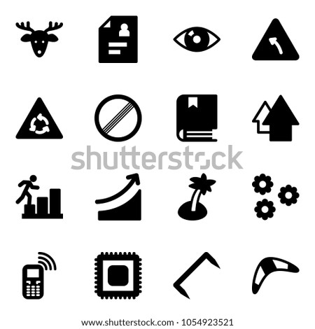 Solid vector icon set - christmas deer vector, patient card, eye, turn left road sign, round motion, no limit, book, arrow up, career, rise, palm, flower, mobile phone, cpu, staple, boomerang