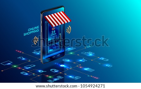 Online shopping. Smartphone turned into internet shop. Concept of mobile marketing and e-commerce. Isometric supermarket smartphone with icons of purchases. Awning above online store front door. Royalty-Free Stock Photo #1054924271