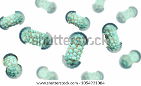 Colorful abstract chaotic structure balls inside the capsule, pharmacy and medical concept isolated on white background 3d