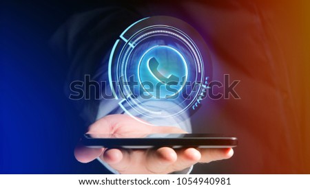 View of a Businessman using a Shinny technologic phone button on his smartphone - 3d render