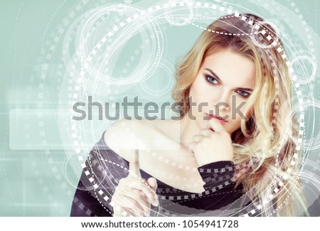 Thinking Woman Surfing on Internet. Female Model with Empty Address Bar and Search Icon on Technology Background