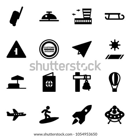 Solid vector icon set - suitcase vector, client bell, airport building, sleigh, intersection road sign, customs, paper plane, mat, inflatable pool, passport, ship, air balloon, surfing, rocket