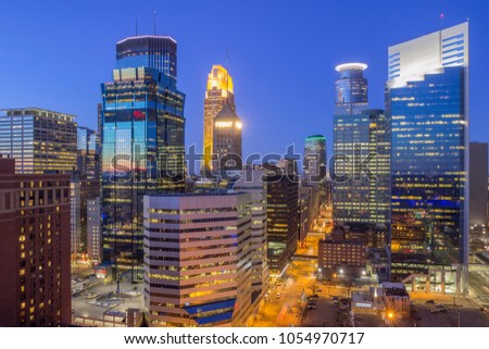 A High Wide Angle Long Exposure Shot of the Skyscrapers of Downtown Minneapolis Reflecting Twilight Light During Spring