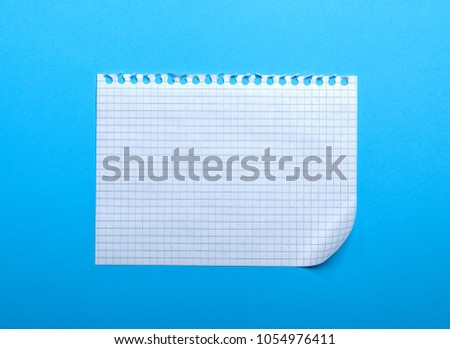blank white sheet in a box with a curved corner on a blue background, a sheet is torn from a notebook