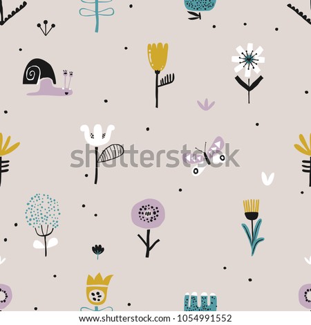 Seamless pattern with decorative flowers in scandinavian style. Perfect for kids fabric, textile, nursery wallpaper. Vector Illustration.