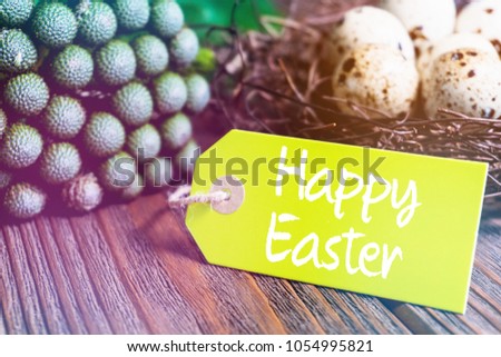 Happy Easter! Easter greeting card. quail eggs in the nest.