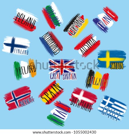 Brushstroke European flags: Italy, Germany, Poland, Spain, France, Ireland, Austria, Bulgaria, Belgium, Greece, Netherlands, Norway, Finland, Sweden, Great Britain, Denmark. Chaotic flags. Travel.