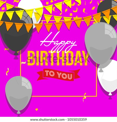 Happy birthday vector illustration. Colorful flat design style banner. Confetti, flags and balloons. Bright vector anniversary celebration banner. Greeting card for the birthday man.