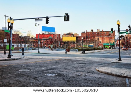 Road at Financial District and North End Park at Cross Street of downtown Boston, Massachusetts, the USA.