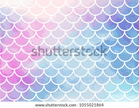 Pink-blue mermaid scales. Watercolor fish scales. Underwater sea pattern. Vector illustration. Perfect for print design for textile, poster, greeting card, invitation. Royalty-Free Stock Photo #1055021864