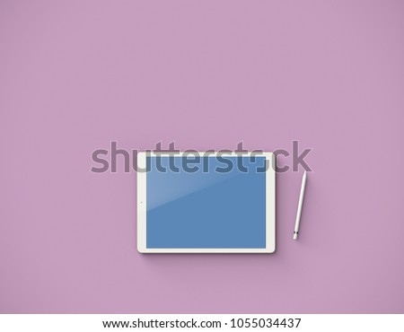 Mockup of white digital tablet with pencil over pink background. Top view. Clipping path included. 3D render