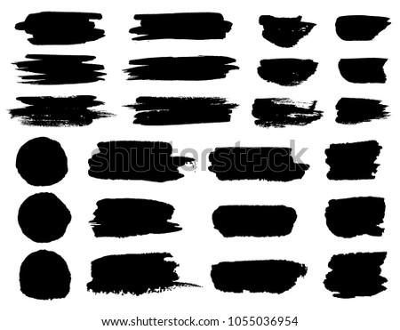 Vector black paint brush spots, highlighter lines or felt-tip pen marker horizontal blobs. Marker pen or brushstrokes and dashes. Ink smudge abstract shape stains and smear set with texture