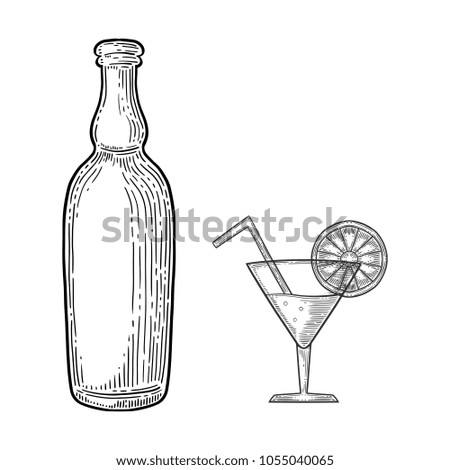 Set of refreshing drinks, bottle with beer or wine and coctail. Hand drawn vector in engraving and sketch style. Isolated on white background.