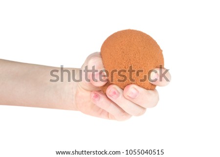 hand and foam ball on isolated white background