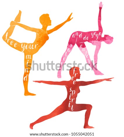 Watercolor Silhouettes of woman doing yoga or pilates exercise.