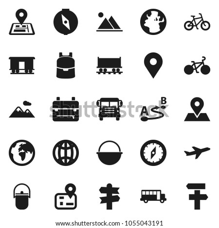 Flat vector icon set - camping cauldron vector, backpack, compass, school bus, bike, signpost, navigator, earth, map pin, Railway carriage, plane, route, globe, mountain