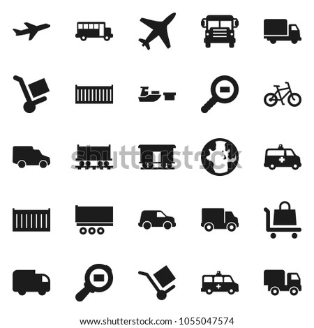 Flat vector icon set - school bus vector, world, bike, Railway carriage, plane, truck trailer, sea container, delivery, car, port, cargo, search, amkbulance, trolley