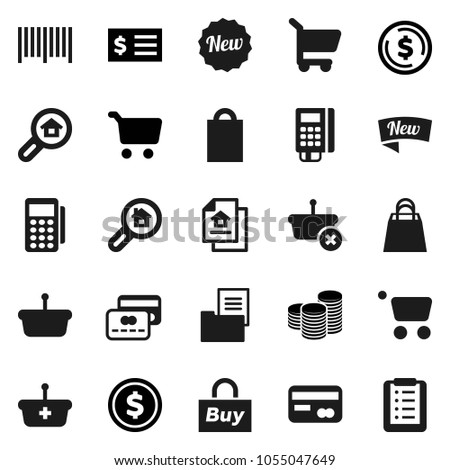 Flat vector icon set - dollar coin vector, cart, stack, receipt, estate document, search, credit card, new, shopping bag, buy, barcode, reader, basket, list